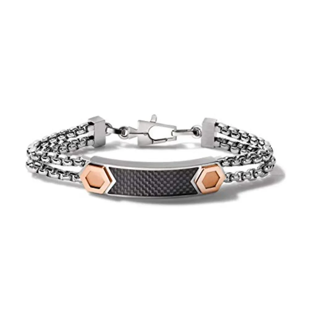 Stainless Steel Double-Chain ID Bracelet with Black Carbon Fiber Inlay